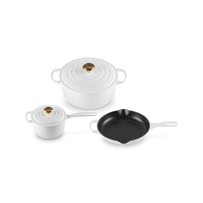 Signature Enameled Cast Iron 5-Piece Cookware Set with Gold KnobsWhite